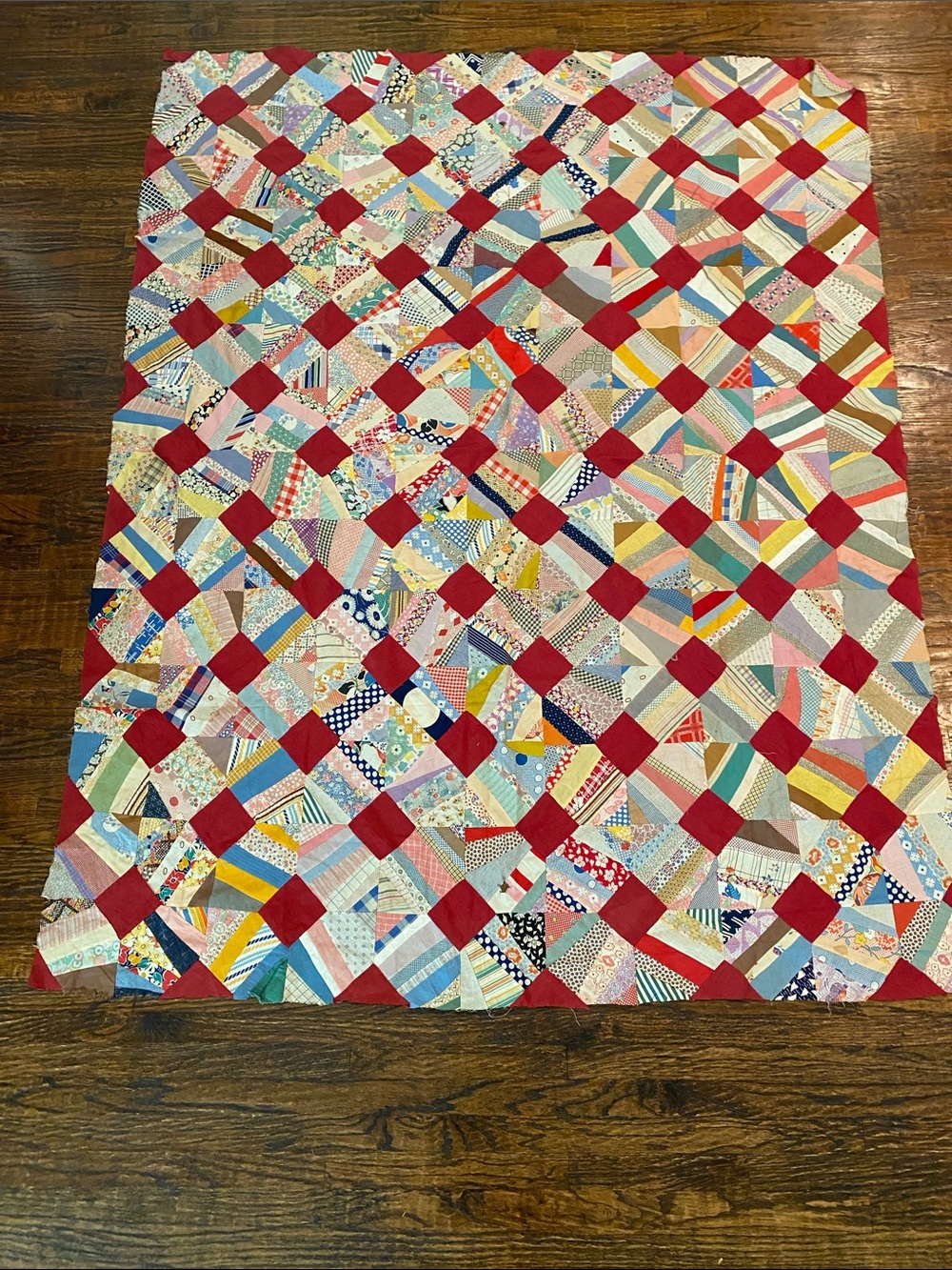 Vintage Patchwork Quilt Top with Red Accent Squares 68” x 84”